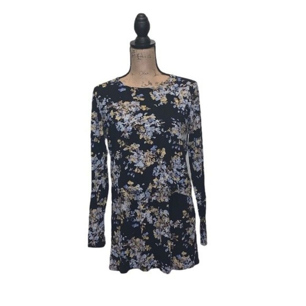J. Jill Blouse Womens Small Navy Blue Floral Long Sleeve Crew Neck Tunic Top